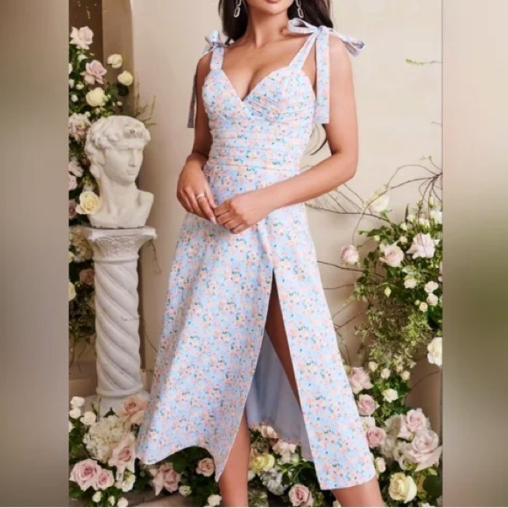 NWT lavish Alice Aria tie floral poplin cotton midi flare dress spring